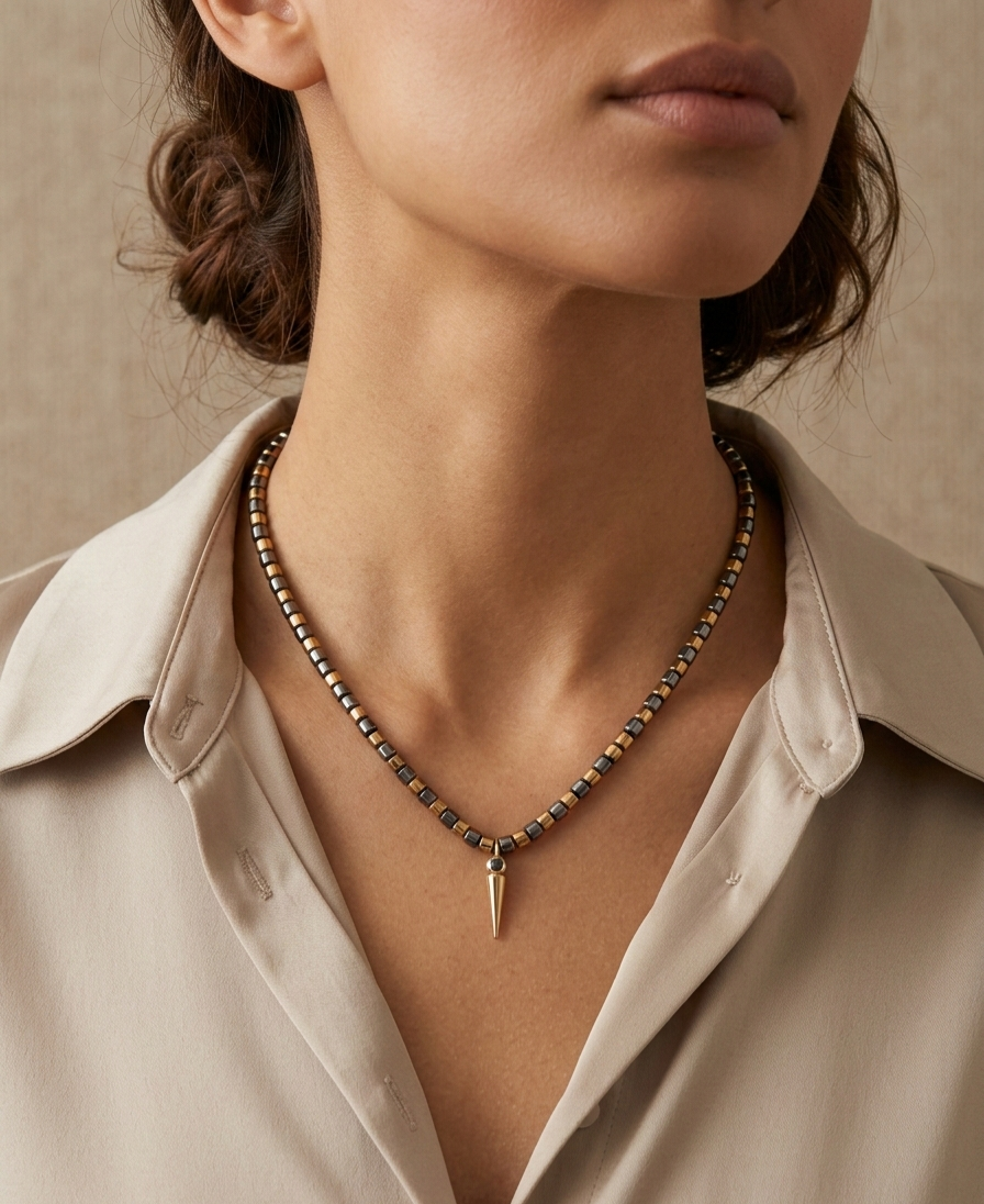 Modern Hematite & Gold-Tone Geometric Spike Necklace 17"