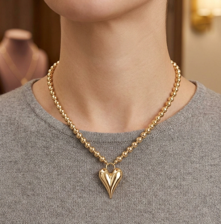 Radiant Heart Gold Bead Necklace 17"