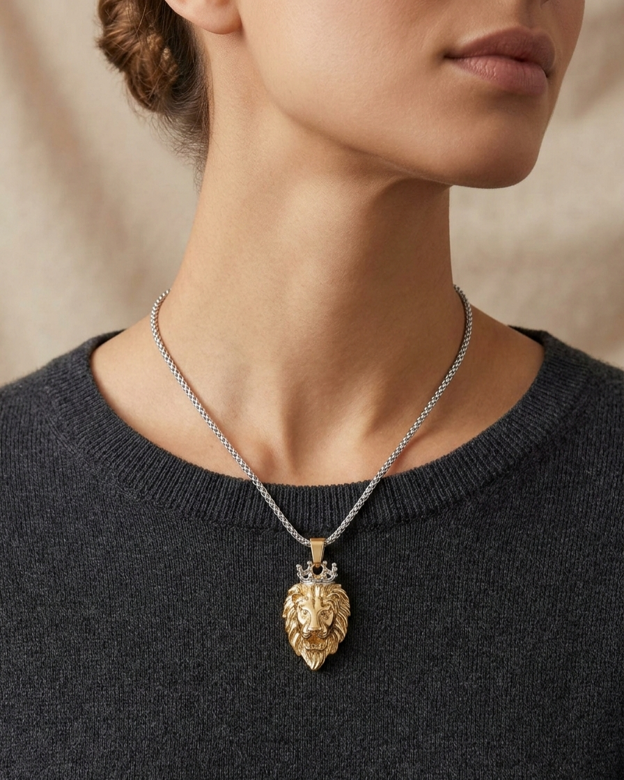 Crowned Lion Mixed-Metal Necklace