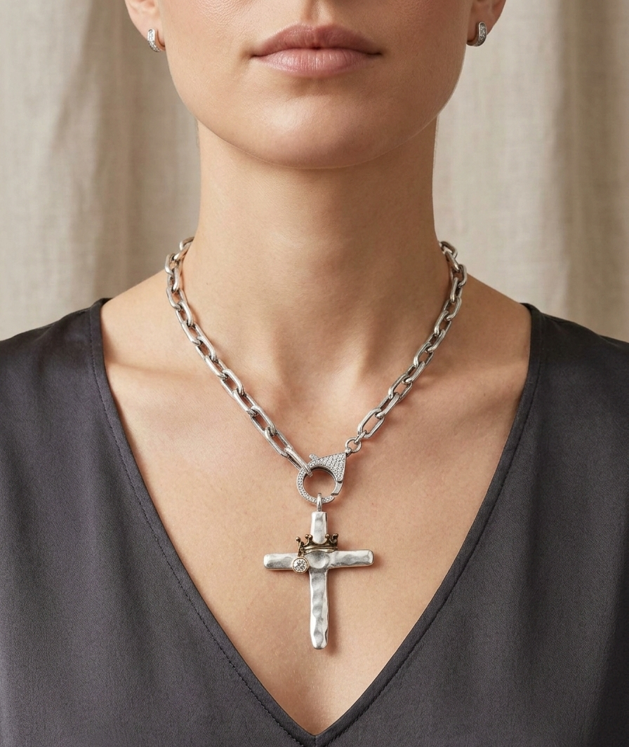 The Sovereign Hammered Cross Statement Necklace 18"