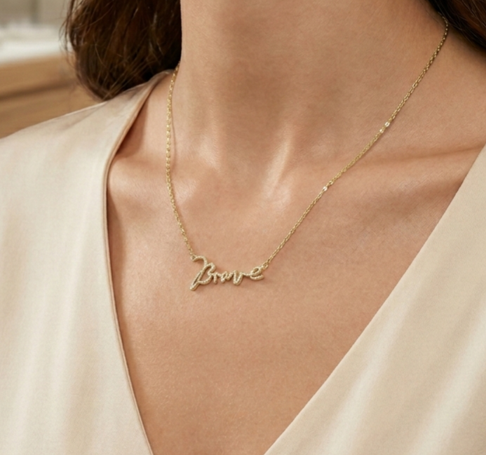 Crystal Inset "Brave" Cursive Word Necklace 18"