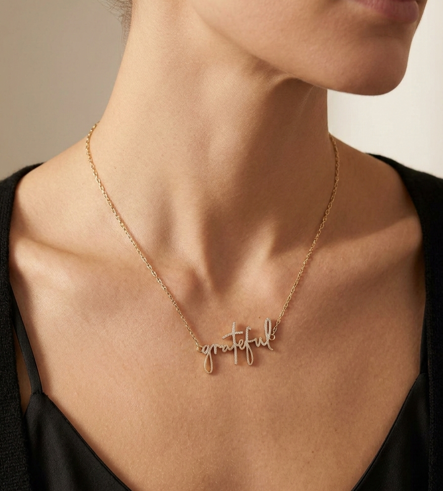 "Grateful" Faith Script Necklace in 14K Gold 18"