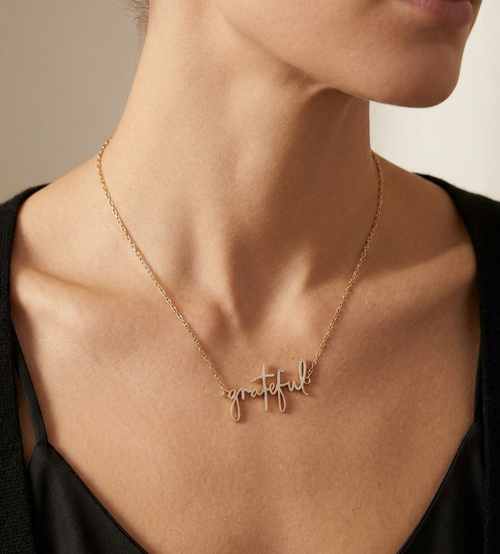 "Grateful" Faith Script Necklace in 14K Gold 18"