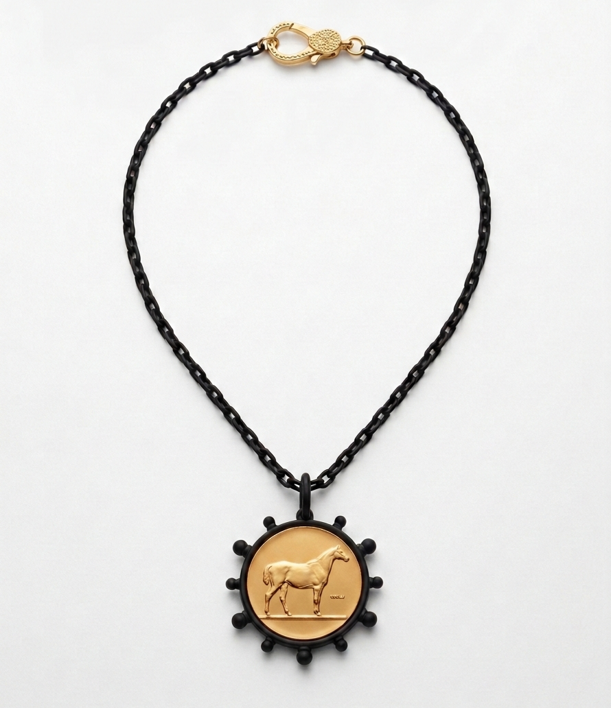 The Heritage Medallion: 18k Gold Horse Intaglio on Blackened Steel Chain 18"