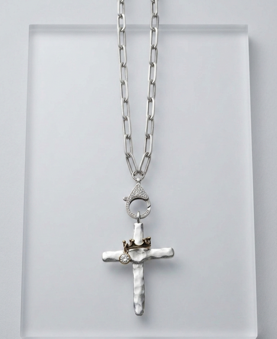 The Sovereign Hammered Cross Statement Necklace 18"