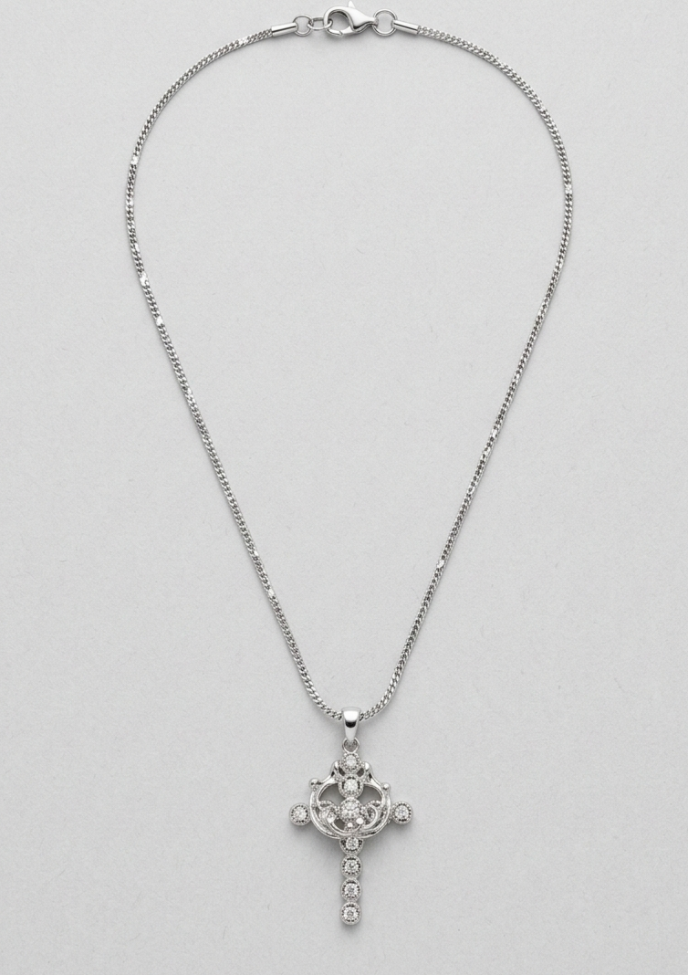 Vintage-Inspired Silver Filigree Ornate Cross Necklace. 18"