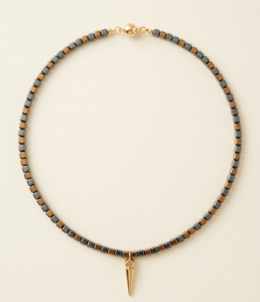 Modern Hematite & Gold-Tone Geometric Spike Necklace 17"
