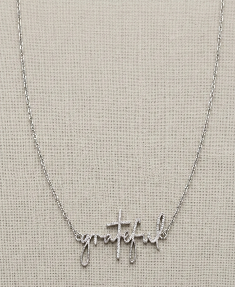 "Grateful" Faith Script Necklace in Silver 18"