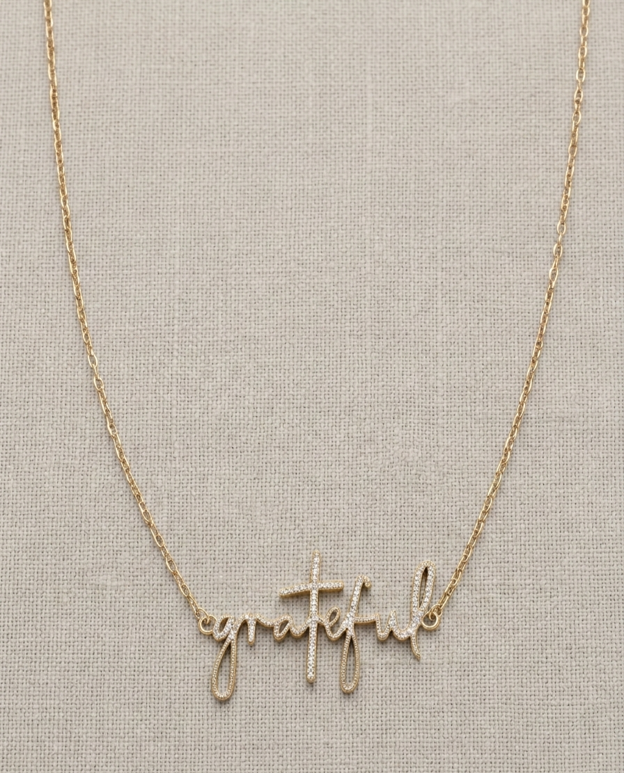 "Grateful" Faith Script Necklace in 14K Gold 18"